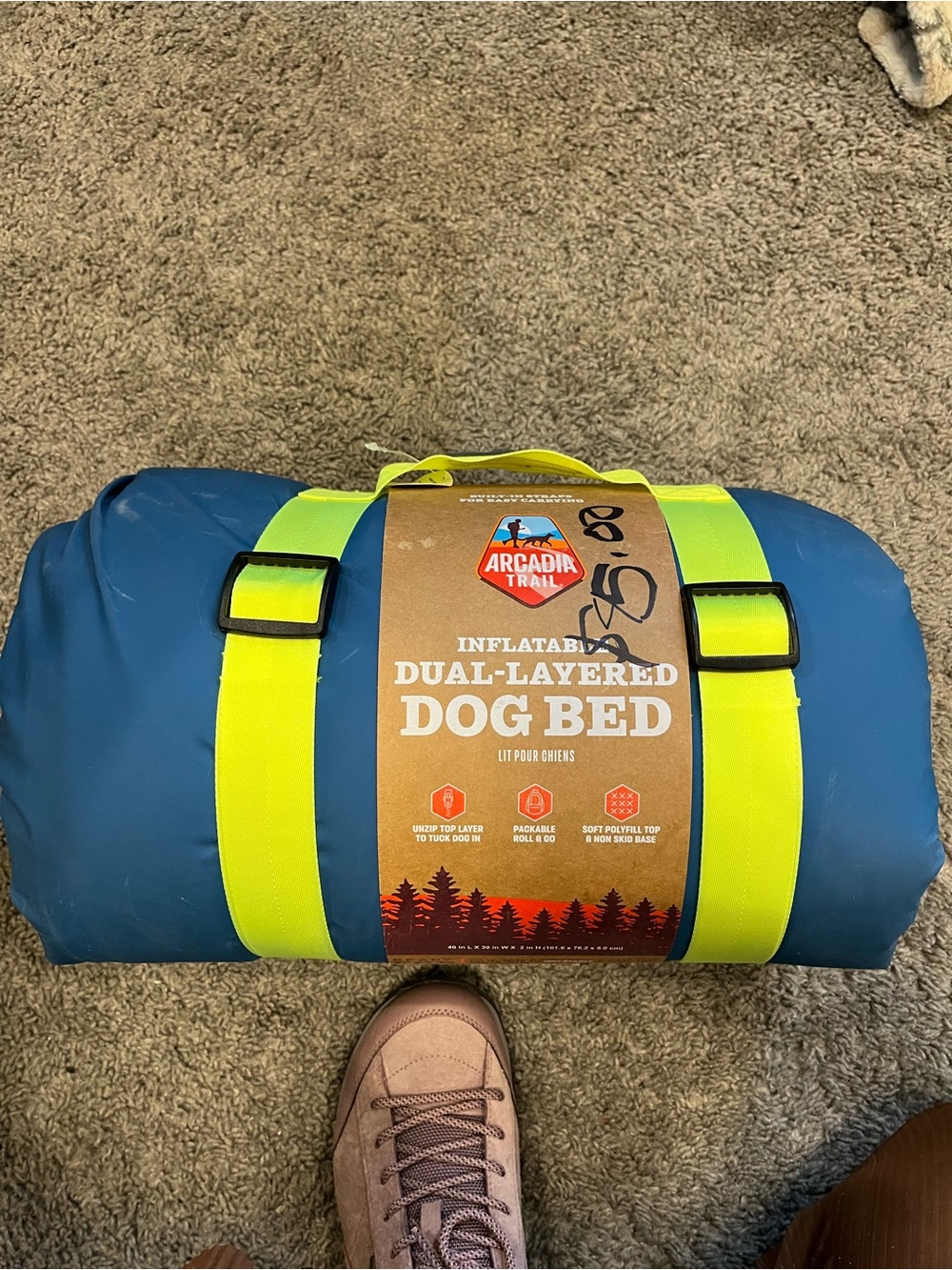 Arcadia Trail Inflatable Dual-Layer Dog Bed — Blue with Neon Yellow Straps